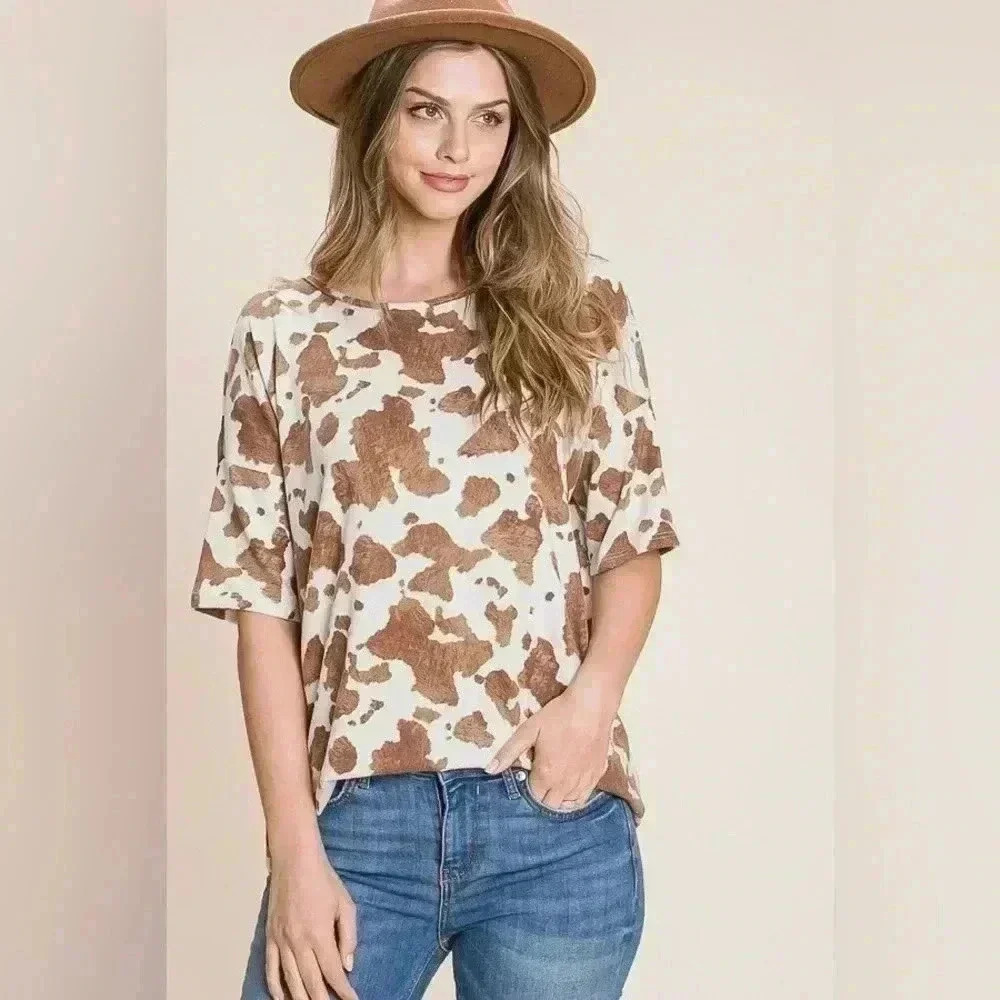 NWOT BOMBOM Animal Print Brown and White Loose Knit Tee | size XL